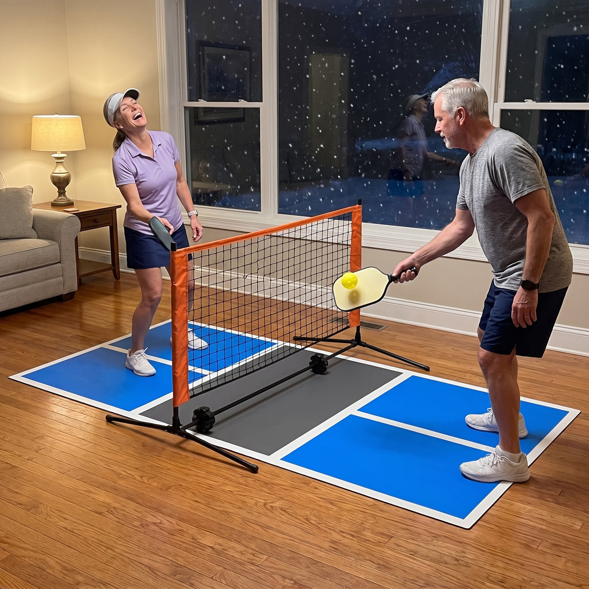 Couple playing pickleball at home at night on the Duo Court