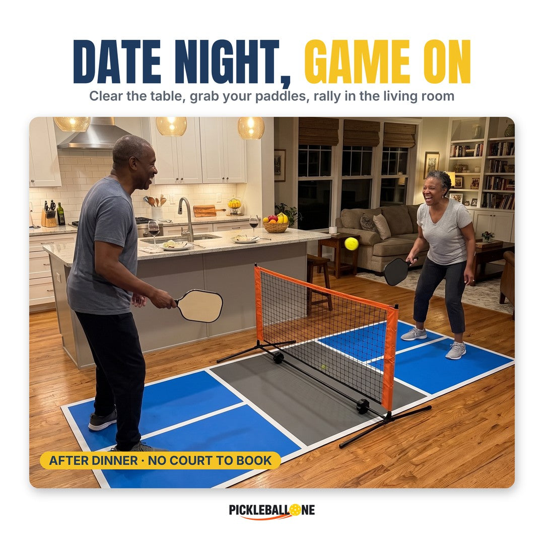 Couple in their 60s playing pickleball on the Duo Court in their kitchen and living room after dinner