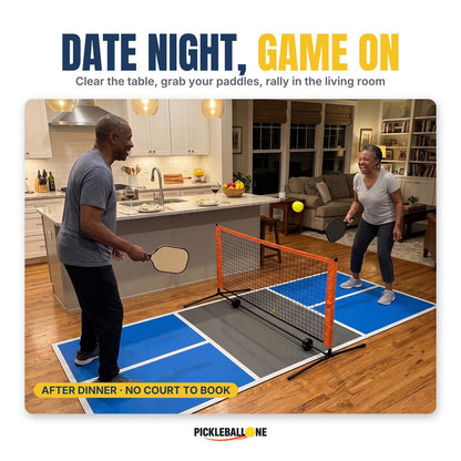 Couple in their 60s playing pickleball on the Duo Court in their kitchen and living room after dinner