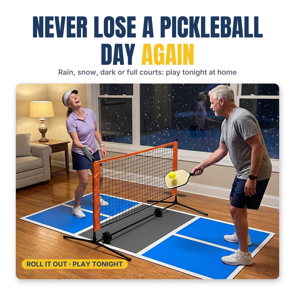 Couple playing pickleball at home at night on the Duo Court indoor pickleball set