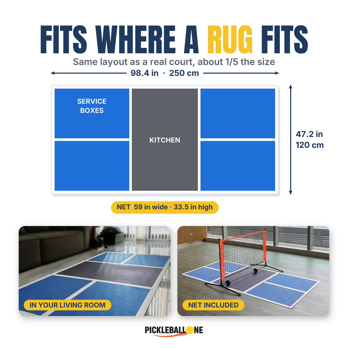 Duo Court dimensions: 98.4 x 47.2 in mat, 59 in net
