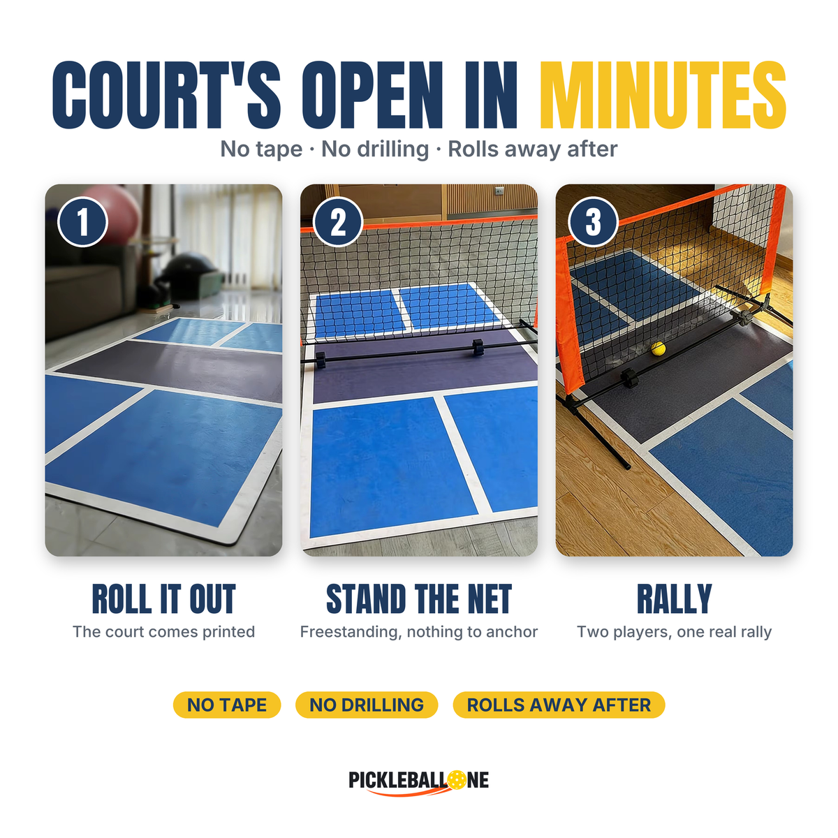 Duo Court sets up in minutes: roll it out, stand the net, rally