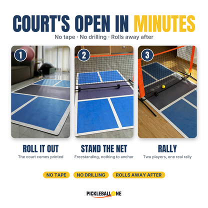 Duo Court sets up in minutes: roll it out, stand the net, rally