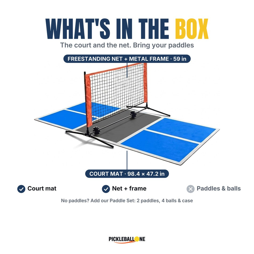 What's in the box: Duo Court mat 98.4 x 47.2 in and freestanding net with metal frame. Paddles and balls not included